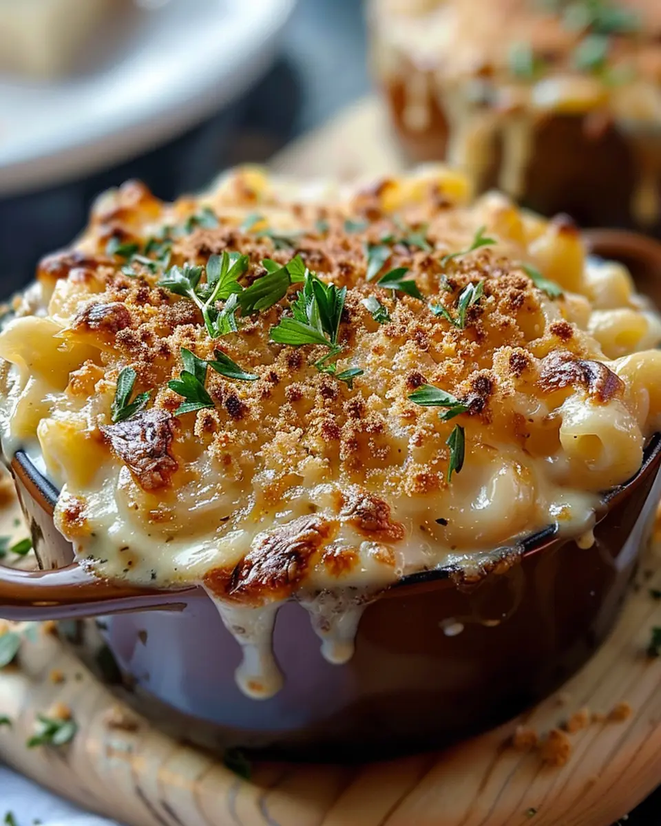 French onion soup mac &amp; cheese: A creamy indulgence with turkey bacon