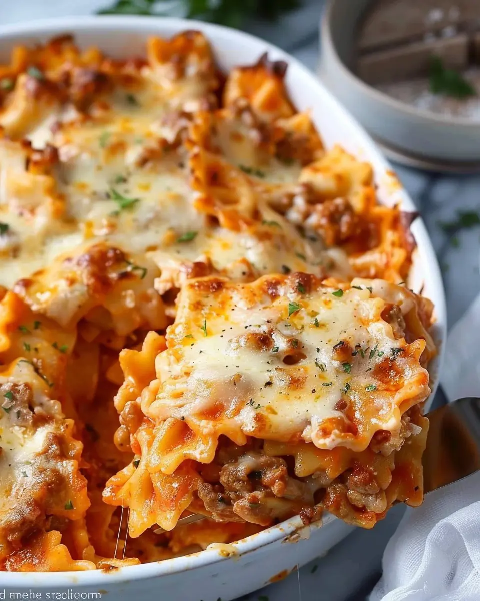 Easy Bow Tie Pasta Lasagna with Turkey Bacon and Chicken Ham